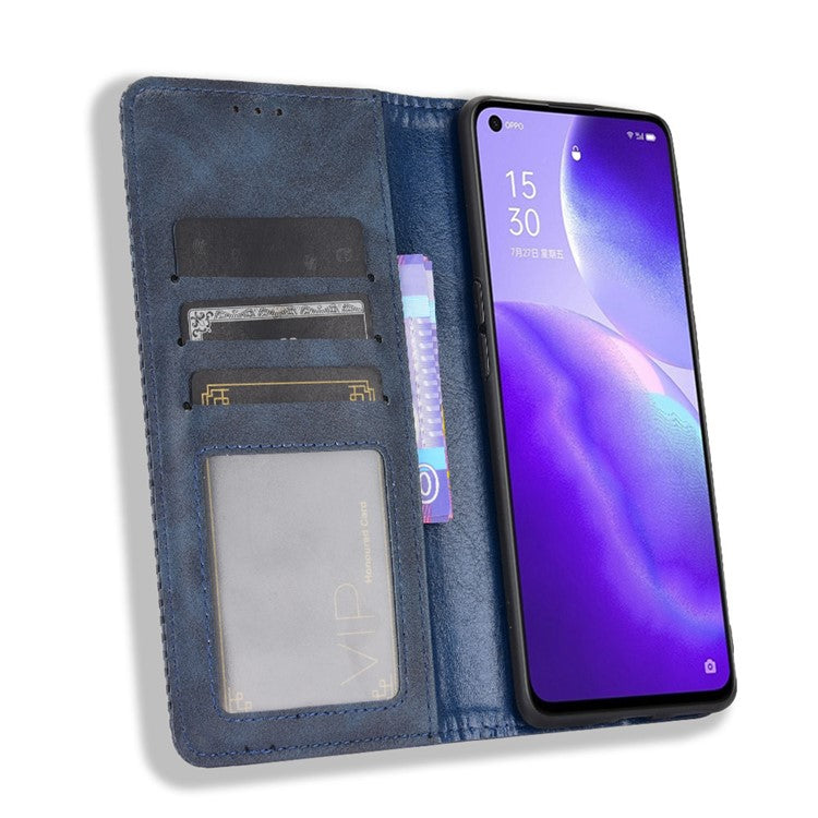 Retro Style Auto-absorbed Leather Wallet Stand Phone Shell Full Protection for Oppo Reno5 5G - Blue