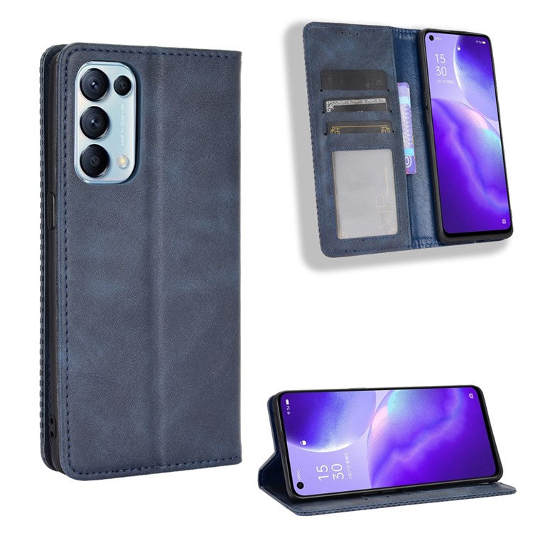 Retro Style Auto-absorbed Leather Wallet Stand Phone Shell Full Protection for Oppo Reno5 5G - Blue