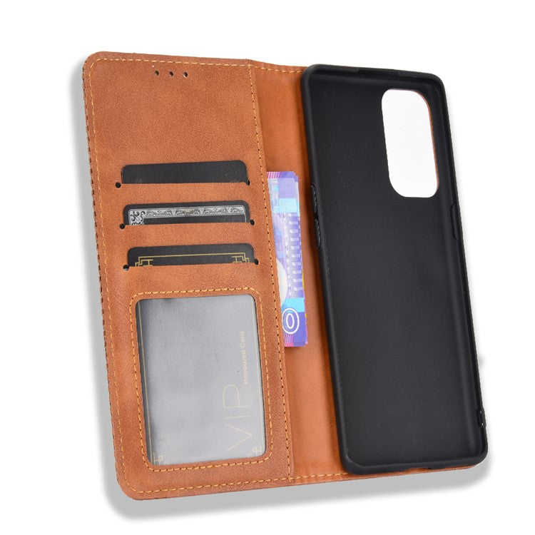 Retro Style Auto-absorbed Leather Wallet Stand Phone Shell Full Protection for Oppo Reno5 5G - Brown