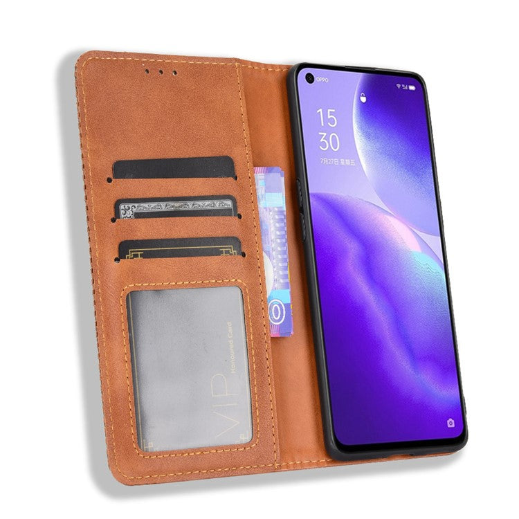 Retro Style Auto-absorbed Leather Wallet Stand Phone Shell Full Protection for Oppo Reno5 5G - Brown