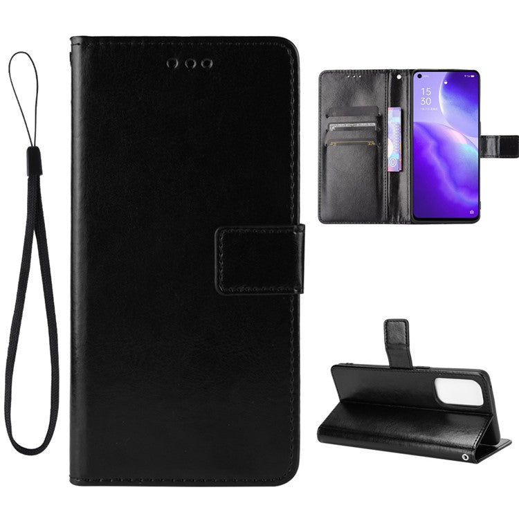 Leather Full Protection Wallet Stand Crazy Horse Shell for Oppo Reno5 5G - Black