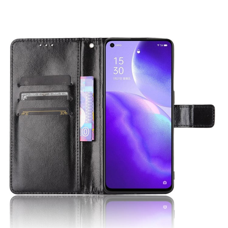 Leather Full Protection Wallet Stand Crazy Horse Shell for Oppo Reno5 5G - Black