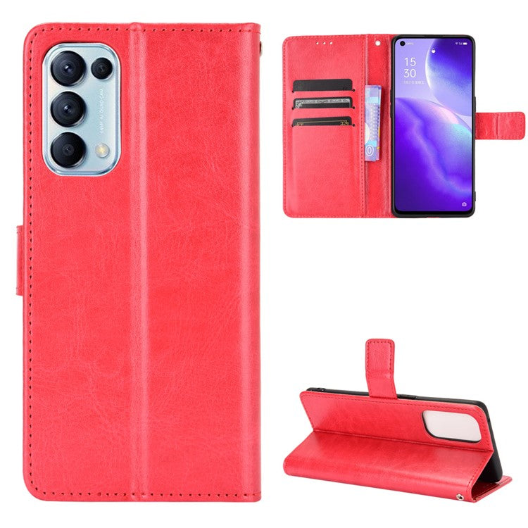 Leather Full Protection Wallet Stand Crazy Horse Shell for Oppo Reno5 5G - Red