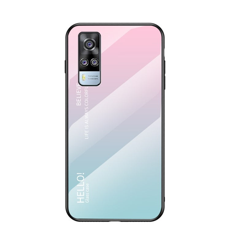 Color Gradient Tempered Glass Cell Phone TPU Frame Back Case for vivo Y51 (2020, December) - Pink/Blue