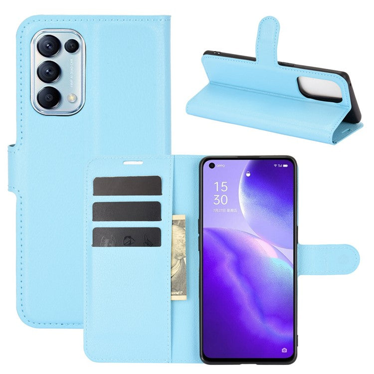 Litchi Texture Leather Phone Protective Cover with Wallet Stand Design for Oppo Reno5 5G/Reno5 4G/Reno5 K/Find X3 Lite - Blue