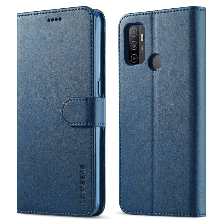 LC.IMEEKE Wallet Stand Leather Shell Cell Phone Cover Case for Oppo A32 (2020) / A33 (2020) / A53 (2020) / A53s - Blue