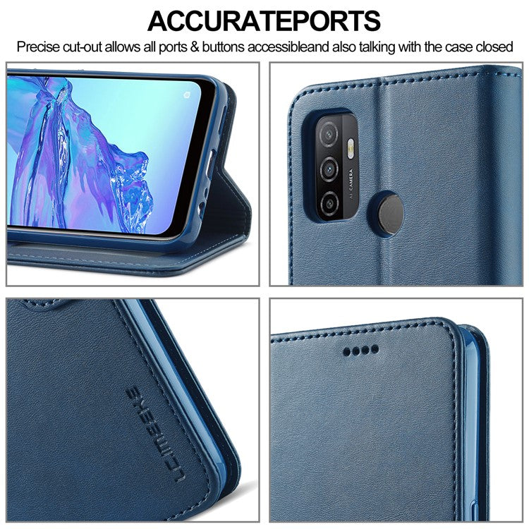 LC.IMEEKE Wallet Stand Leather Shell Cell Phone Cover Case for Oppo A32 (2020) / A33 (2020) / A53 (2020) / A53s - Blue