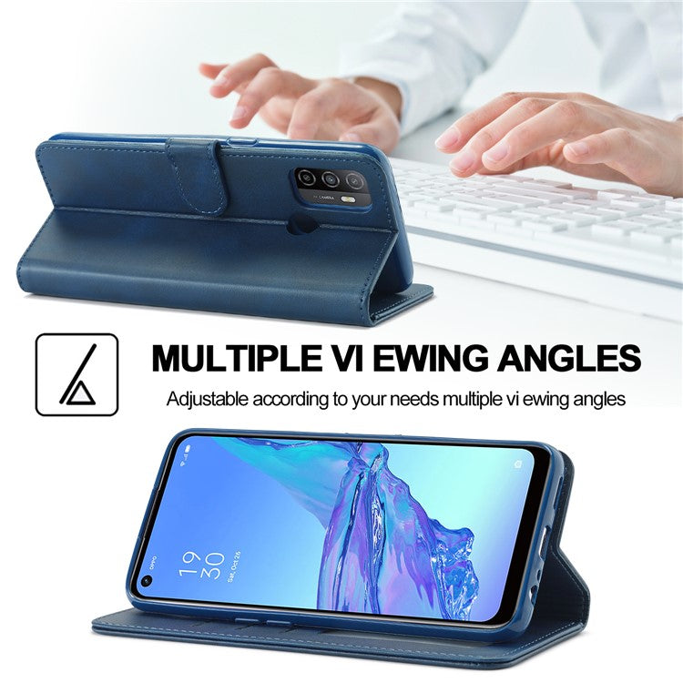 LC.IMEEKE Wallet Stand Leather Shell Cell Phone Cover Case for Oppo A32 (2020) / A33 (2020) / A53 (2020) / A53s - Blue