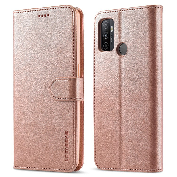 LC.IMEEKE Wallet Stand Leather Shell Cell Phone Cover Case for Oppo A32 (2020) / A33 (2020) / A53 (2020) / A53s - Rose Gold