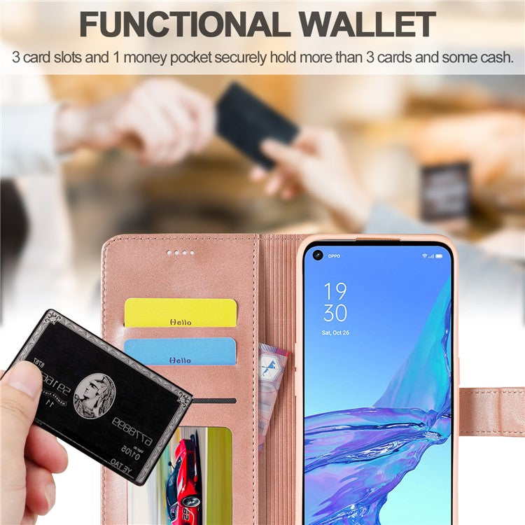 LC.IMEEKE Wallet Stand Leather Shell Cell Phone Cover Case for Oppo A32 (2020) / A33 (2020) / A53 (2020) / A53s - Rose Gold