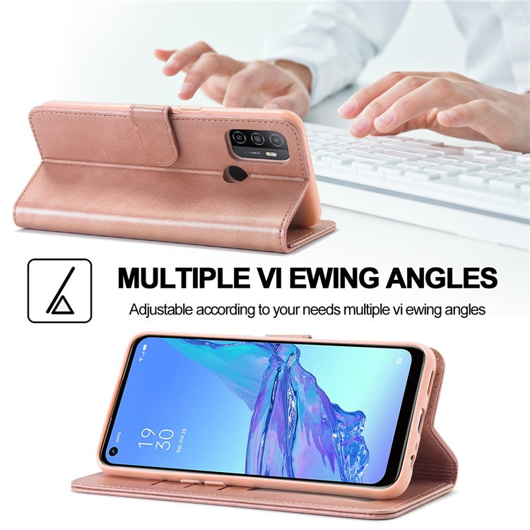 LC.IMEEKE Wallet Stand Leather Shell Cell Phone Cover Case for Oppo A32 (2020) / A33 (2020) / A53 (2020) / A53s - Rose Gold