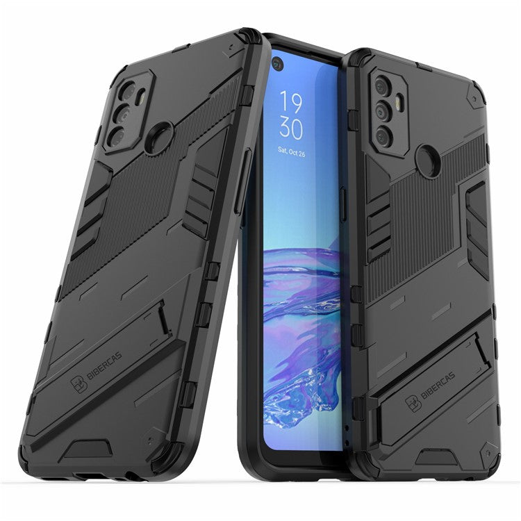 Shockproof PC + TPU Hybrid Phone Case Cover with Kickstand for Oppo A53 4G - Black
