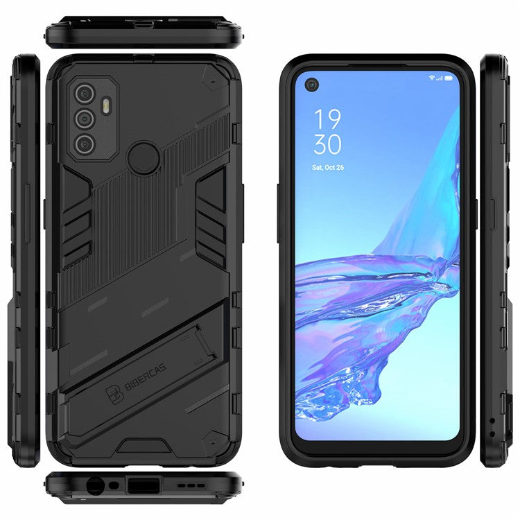 Shockproof PC + TPU Hybrid Phone Case Cover with Kickstand for Oppo A53 4G - Black