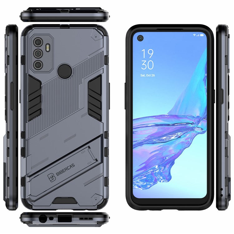 Shockproof PC + TPU Hybrid Phone Case Cover with Kickstand for Oppo A53 4G - Dark Blue