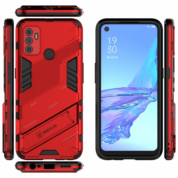 Shockproof PC + TPU Hybrid Phone Case Cover with Kickstand for Oppo A53 4G - Red