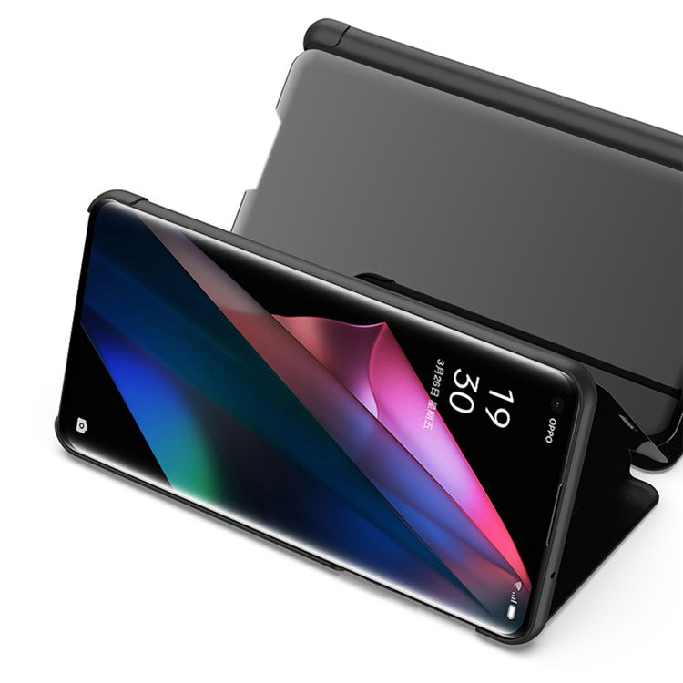 Plated Mirror Surface View Window Leather Phone Case Stand for OPPO Find X3/X3 Pro - Black