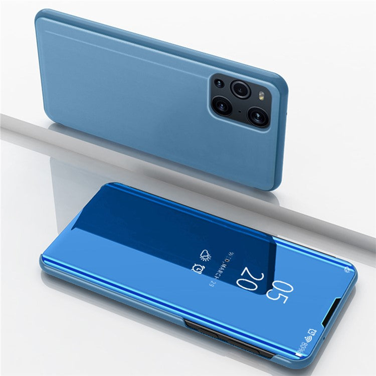 Plated Mirror Surface View Window Leather Phone Case Stand for OPPO Find X3/X3 Pro - Blue