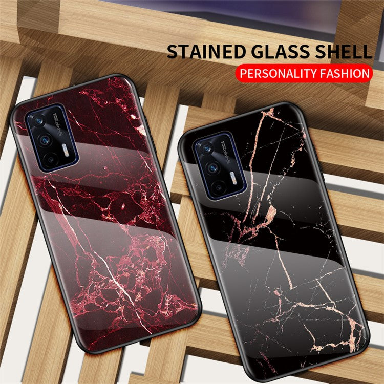 Anti-Scratch Tempered Glass Marbling Pattern Design Cell Phone Cover for Realme GT 5G - Emerald Marble