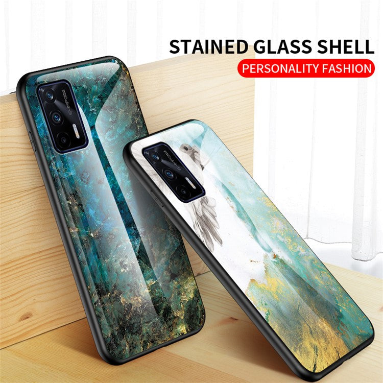 Anti-Scratch Tempered Glass Marbling Pattern Design Cell Phone Cover for Realme GT 5G - Emerald Marble