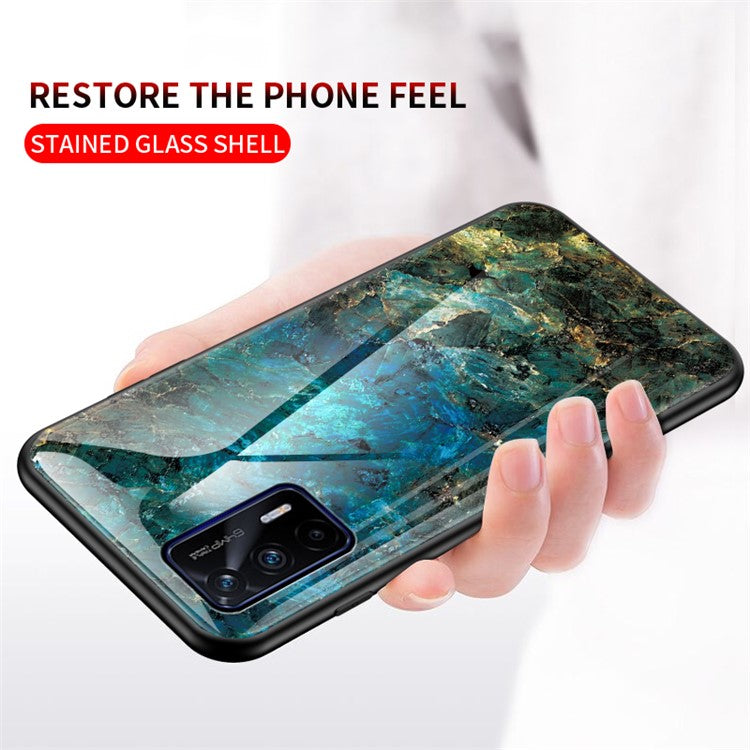 Anti-Scratch Tempered Glass Marbling Pattern Design Cell Phone Cover for Realme GT 5G - Emerald Marble