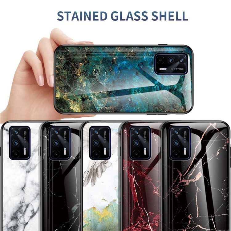 Anti-Scratch Tempered Glass Marbling Pattern Design Cell Phone Cover for Realme GT 5G - Emerald Marble