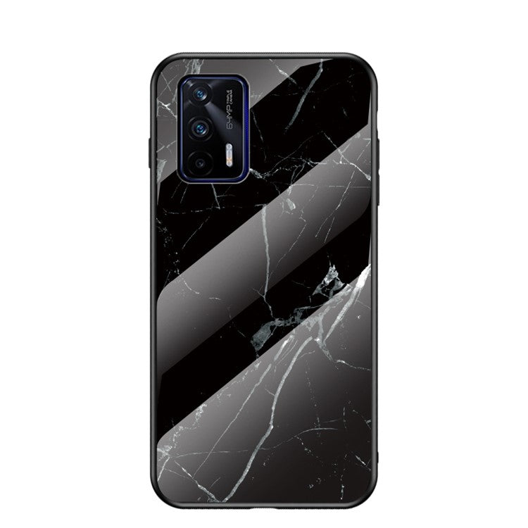 Anti-Scratch Tempered Glass Marbling Pattern Design Cell Phone Cover for Realme GT 5G - Black Marble