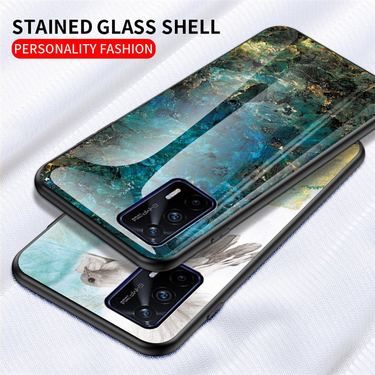 Anti-Scratch Tempered Glass Marbling Pattern Design Cell Phone Cover for Realme GT 5G - Black Marble