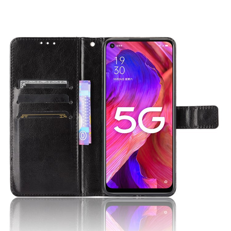 Crazy Horse Wallet Stand Leather Case with Strap for Oppo A93 5G / A74 5G / A54 5G - Black