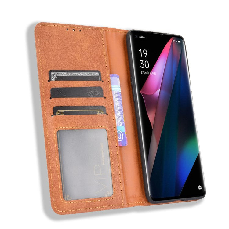 Magnetic Vintage Style Phone Case Wallet Stand Leather Cover for Oppo Find X3 / X3 Pro - Brown