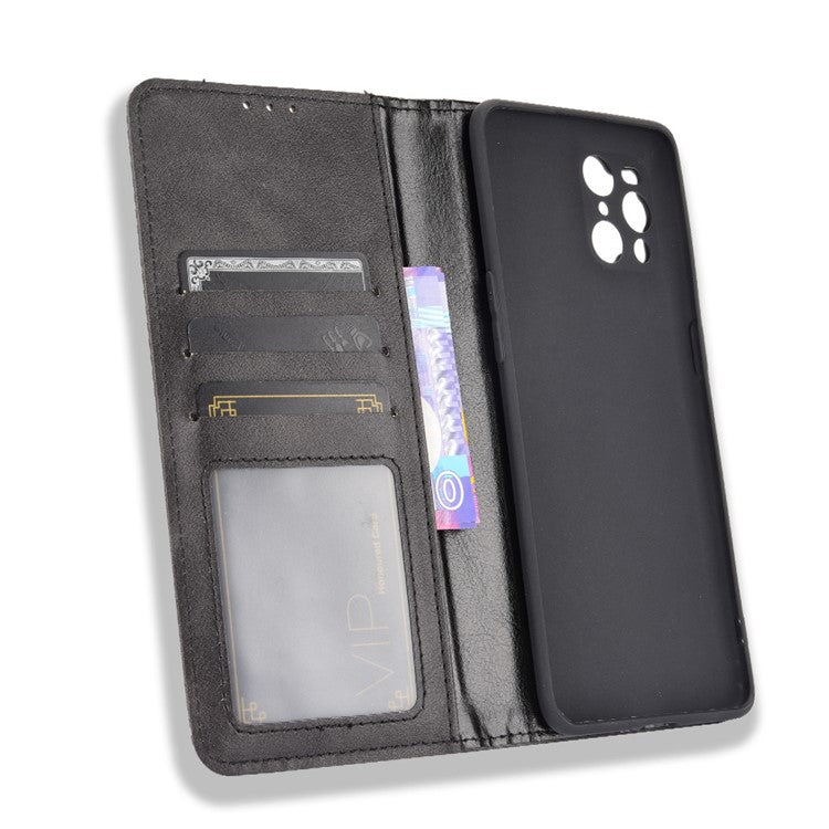 Magnetic Vintage Style Phone Case Wallet Stand Leather Cover for Oppo Find X3 / X3 Pro - Black