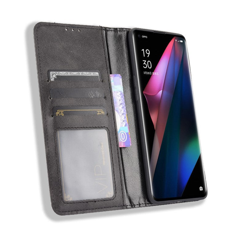 Magnetic Vintage Style Phone Case Wallet Stand Leather Cover for Oppo Find X3 / X3 Pro - Black