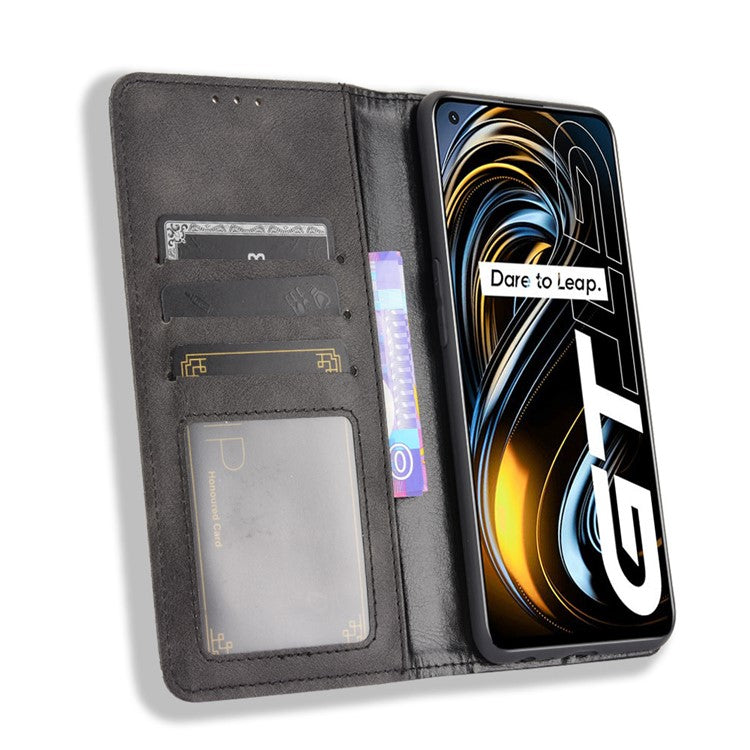 Magnetic Vintage Style Phone Case Wallet Stand Leather Cover for Oppo Realme GT 5G - Black