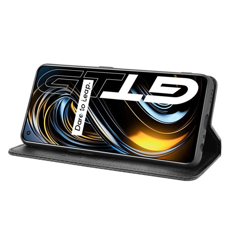 Magnetic Vintage Style Phone Case Wallet Stand Leather Cover for Oppo Realme GT 5G - Black