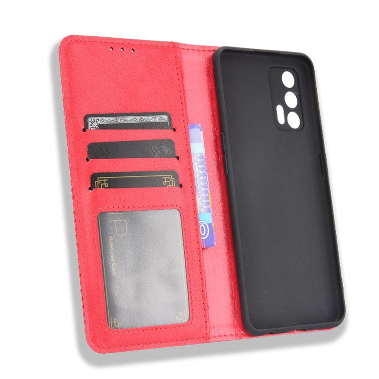 Magnetic Vintage Style Phone Case Wallet Stand Leather Cover for Oppo Realme GT 5G - Red