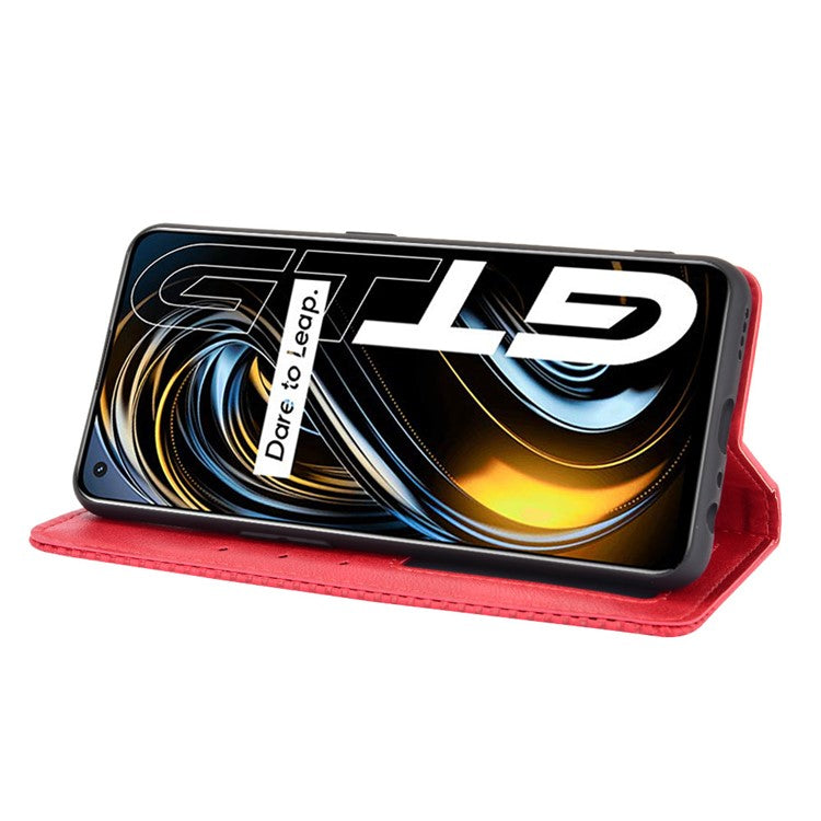 Magnetic Vintage Style Phone Case Wallet Stand Leather Cover for Oppo Realme GT 5G - Red