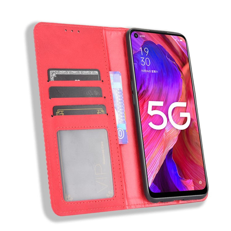 Magnetic Vintage Style Phone Case Wallet Stand Leather Cover for Oppo A93 5G / A74 5G / A54 5G - Red