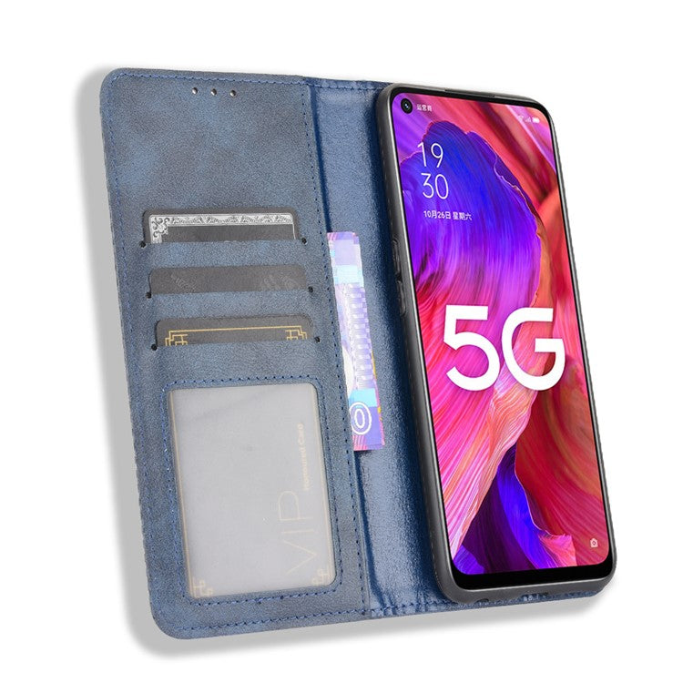 Magnetic Vintage Style Phone Case Wallet Stand Leather Cover for Oppo A93 5G / A74 5G / A54 5G - Blue