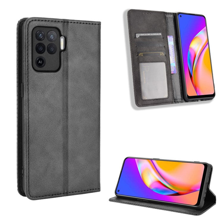 Vintage Style Leather Wallet Case for OPPO A94 4G/F19 Pro 4G/Reno5 F - Black
