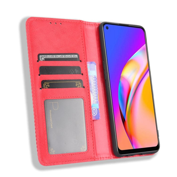 Vintage Style Leather Wallet Case for OPPO A94 4G/F19 Pro 4G/Reno5 F - Red