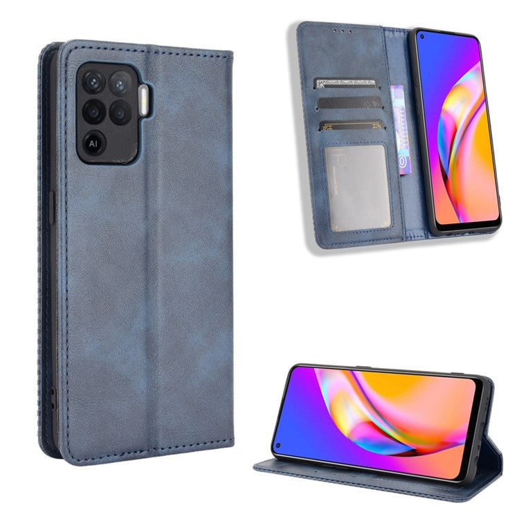 Vintage Style Leather Wallet Case for OPPO A94 4G/F19 Pro 4G/Reno5 F - Blue