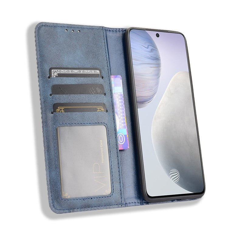 Vintage Style Leather Wallet Phone Case for vivo X60 - Blue