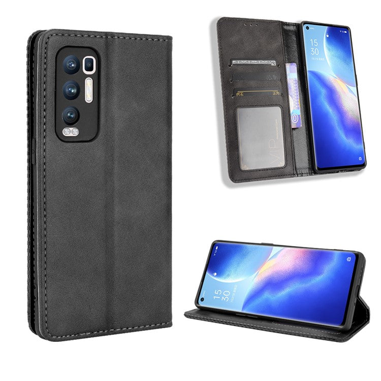 Vintage Style PU Leather Wallet Case for OPPO Reno5 Pro Plus/Find X3 Neo - Black