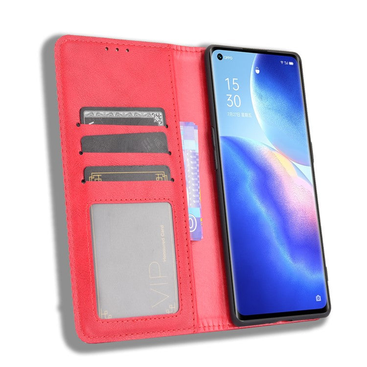 Vintage Style PU Leather Wallet Case for OPPO Reno5 Pro Plus/Find X3 Neo - Red