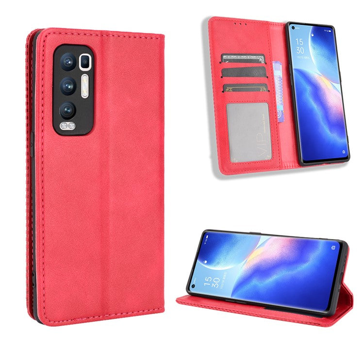 Vintage Style PU Leather Wallet Case for OPPO Reno5 Pro Plus/Find X3 Neo - Red