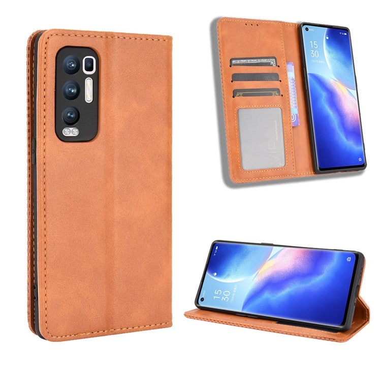 Vintage Style PU Leather Wallet Case for OPPO Reno5 Pro Plus/Find X3 Neo - Brown