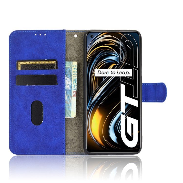 Silky Touch Leather Wallet Case Phone Shell for Realme GT - Blue