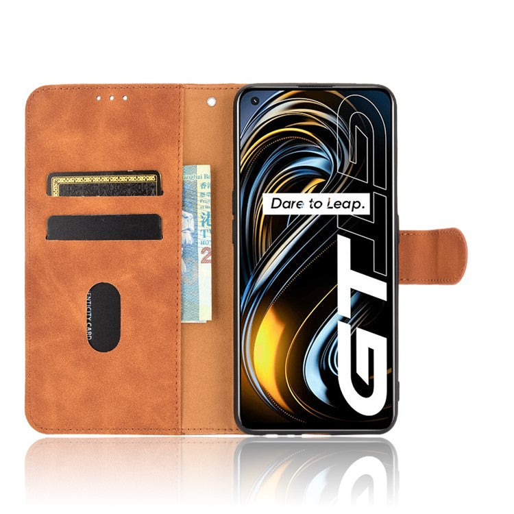 Silky Touch Leather Wallet Case Phone Shell for Realme GT - Brown