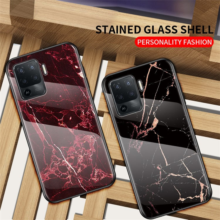 Marbling Pattern Design Well-Protected Anti-Scratch Tempered Glass Cell Phone Cover for Oppo A94/F19 Pro - Blood Red Marble