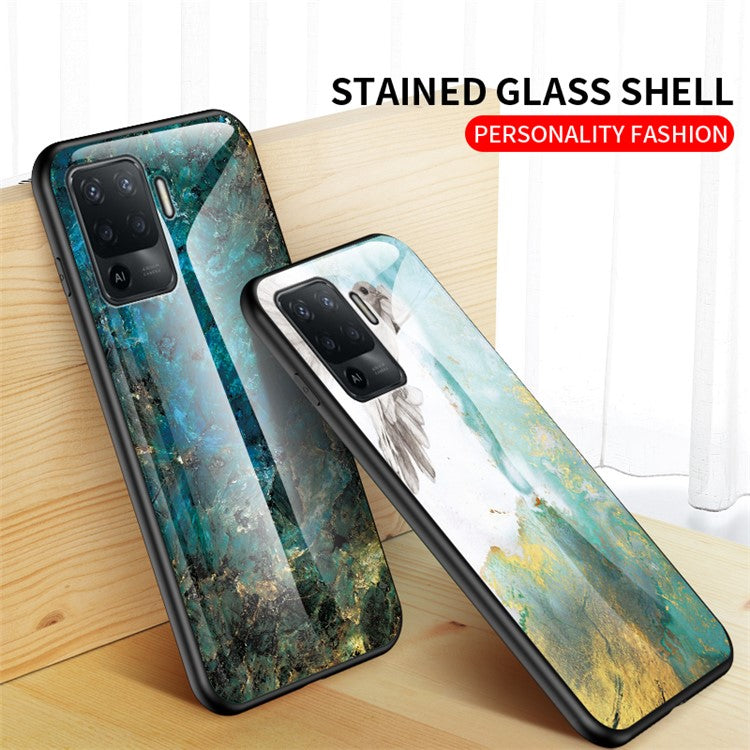 Marbling Pattern Design Well-Protected Anti-Scratch Tempered Glass Cell Phone Cover for Oppo A94/F19 Pro - Blood Red Marble