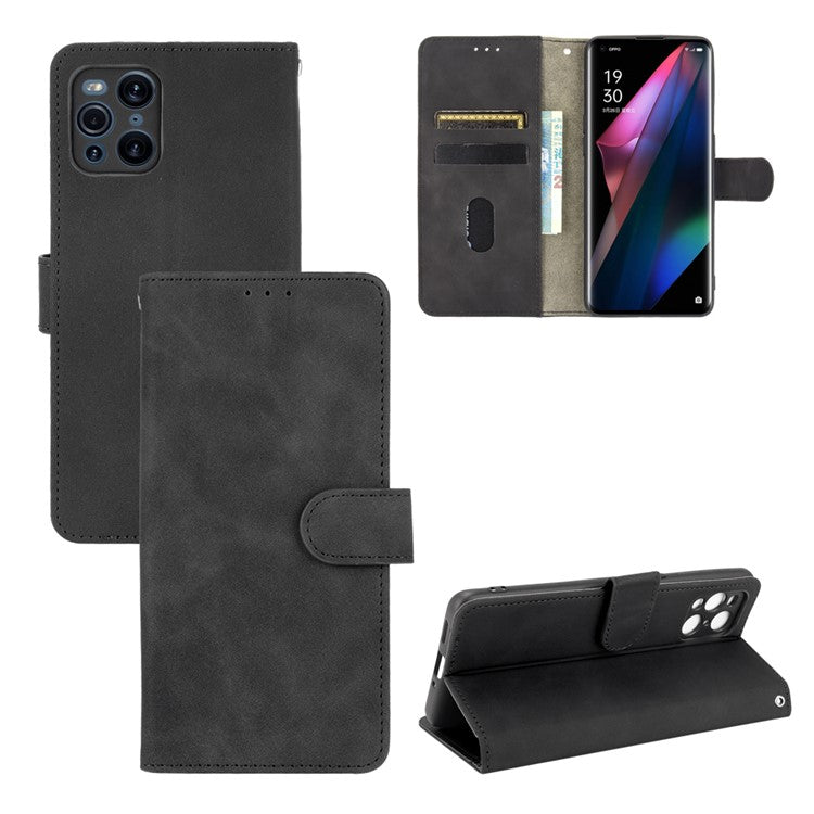 Skin-touch Feeling Leather Wallet Case Phone Cover with Supporting Stand for Oppo Find X3 Pro / Find X3 - Black